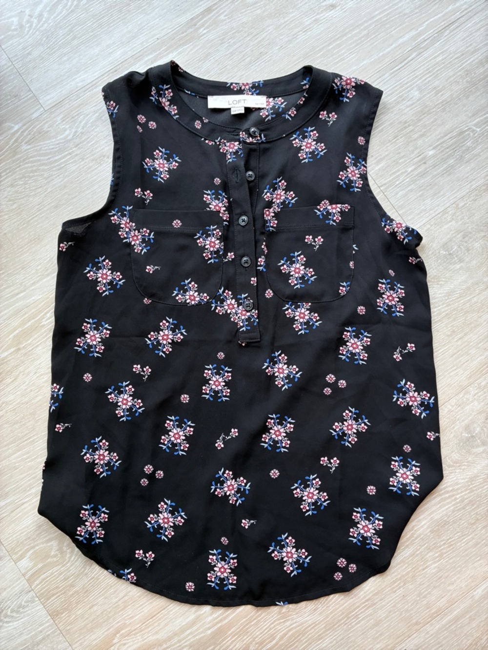 LOFT Black Floral Henley Sleeveless Top